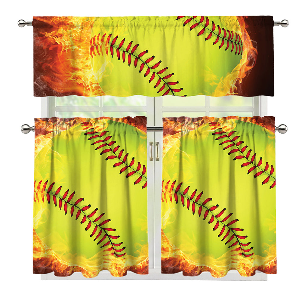 Fireball Softball Print 3 Piece Kitchen Curtains