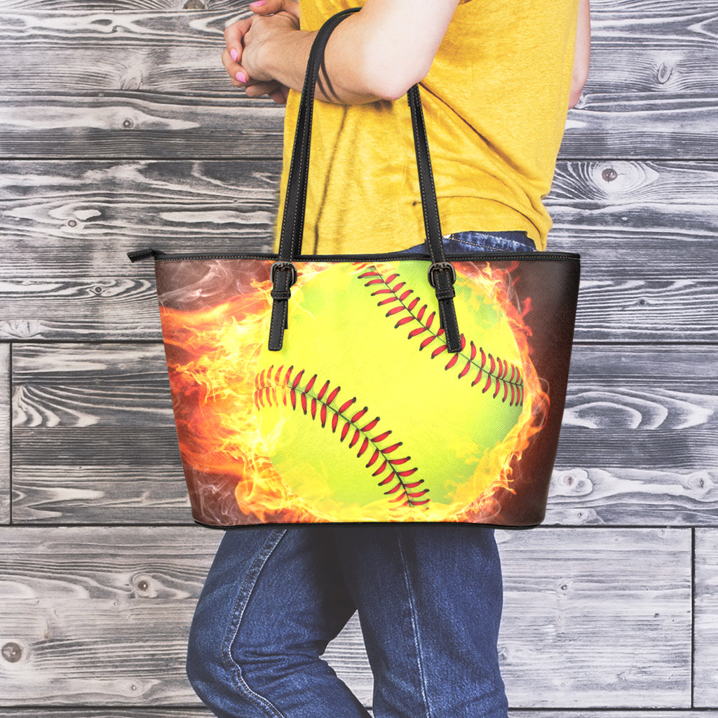 Fireball Softball Print Leather Tote Bag