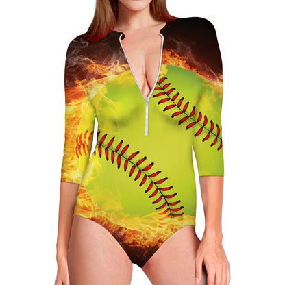 Fireball Softball Print Long Sleeve Swimsuit