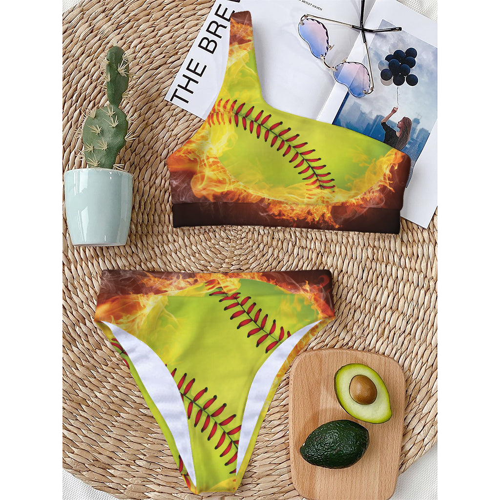 Fireball Softball Print One Shoulder Bikini Top