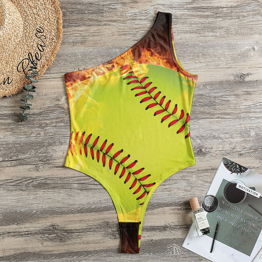 Fireball Softball Print One Shoulder Bodysuit