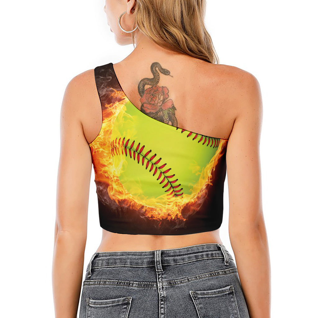 Fireball Softball Print One Shoulder Crop Top