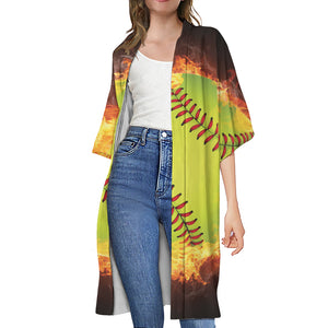 Fireball Softball Print Open Front Beach Cover Up