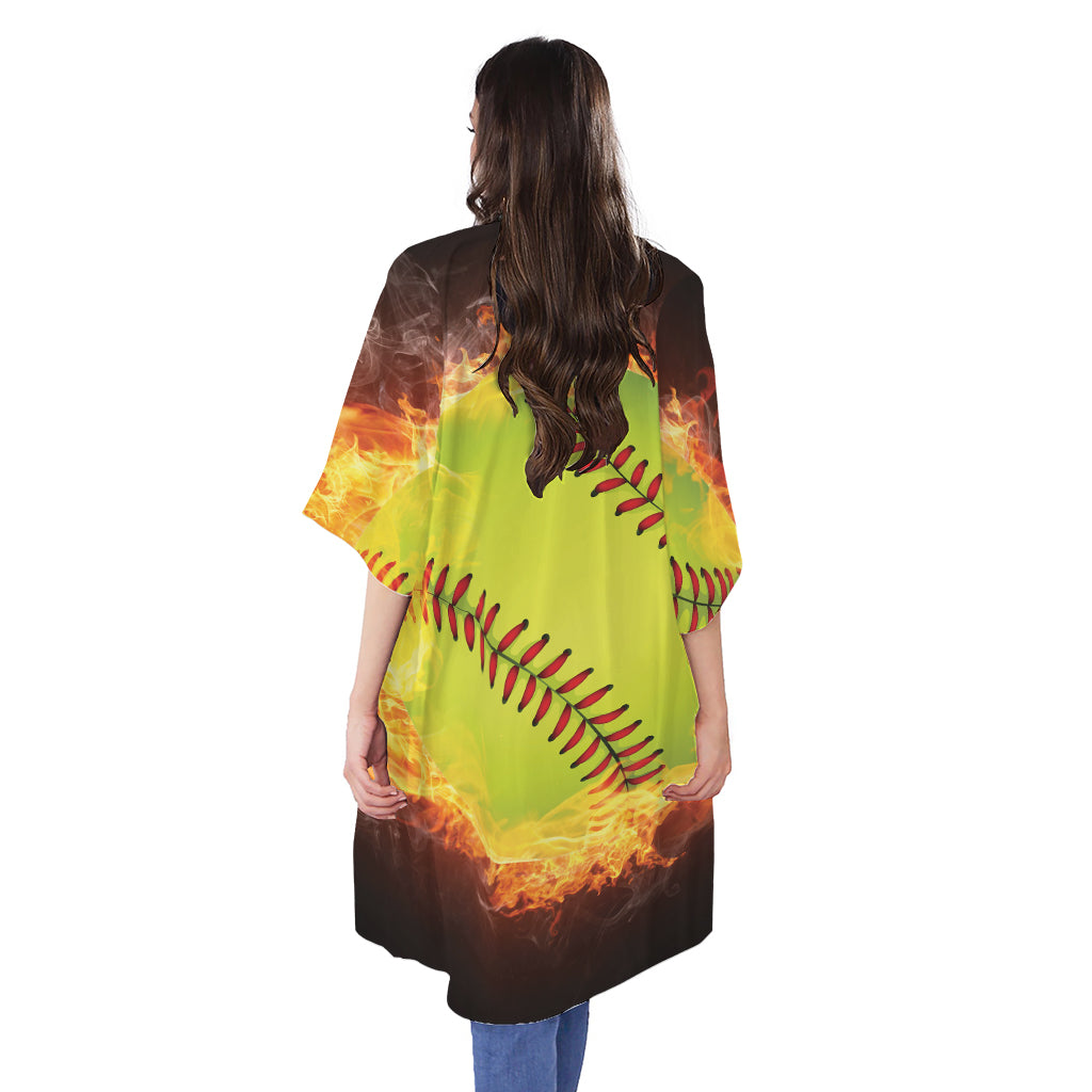 Fireball Softball Print Open Front Beach Cover Up