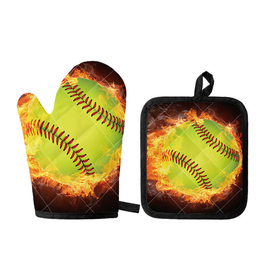 Fireball Softball Print Oven Mitt And Pot Holder Set