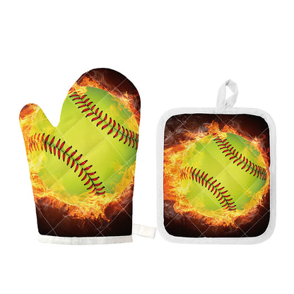Fireball Softball Print Oven Mitt And Pot Holder Set