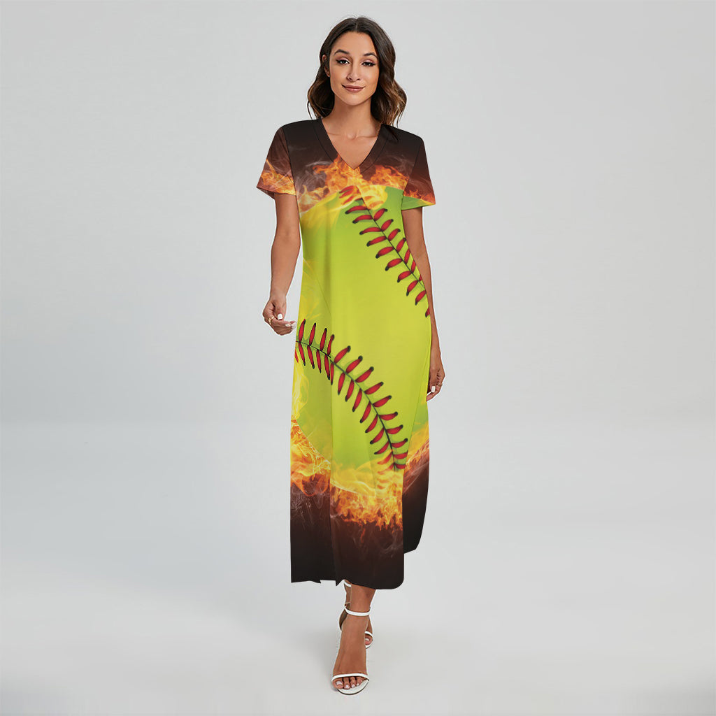 Fireball Softball Print Short Sleeve Maxi Dress