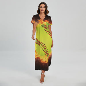 Fireball Softball Print Short Sleeve Maxi Dress