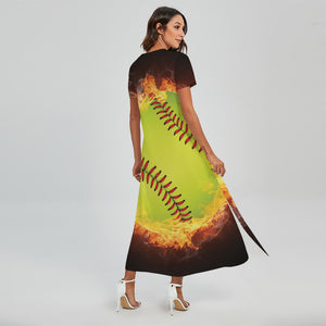 Fireball Softball Print Short Sleeve Maxi Dress