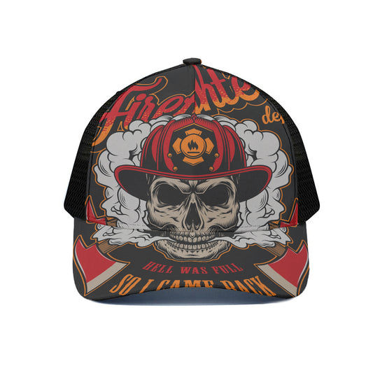 Firefighter Department Skull Print Black Mesh Trucker Cap