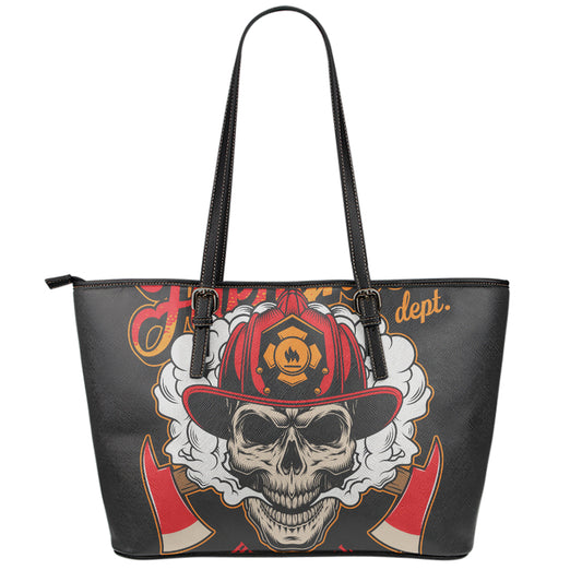 Firefighter Department Skull Print Leather Tote Bag