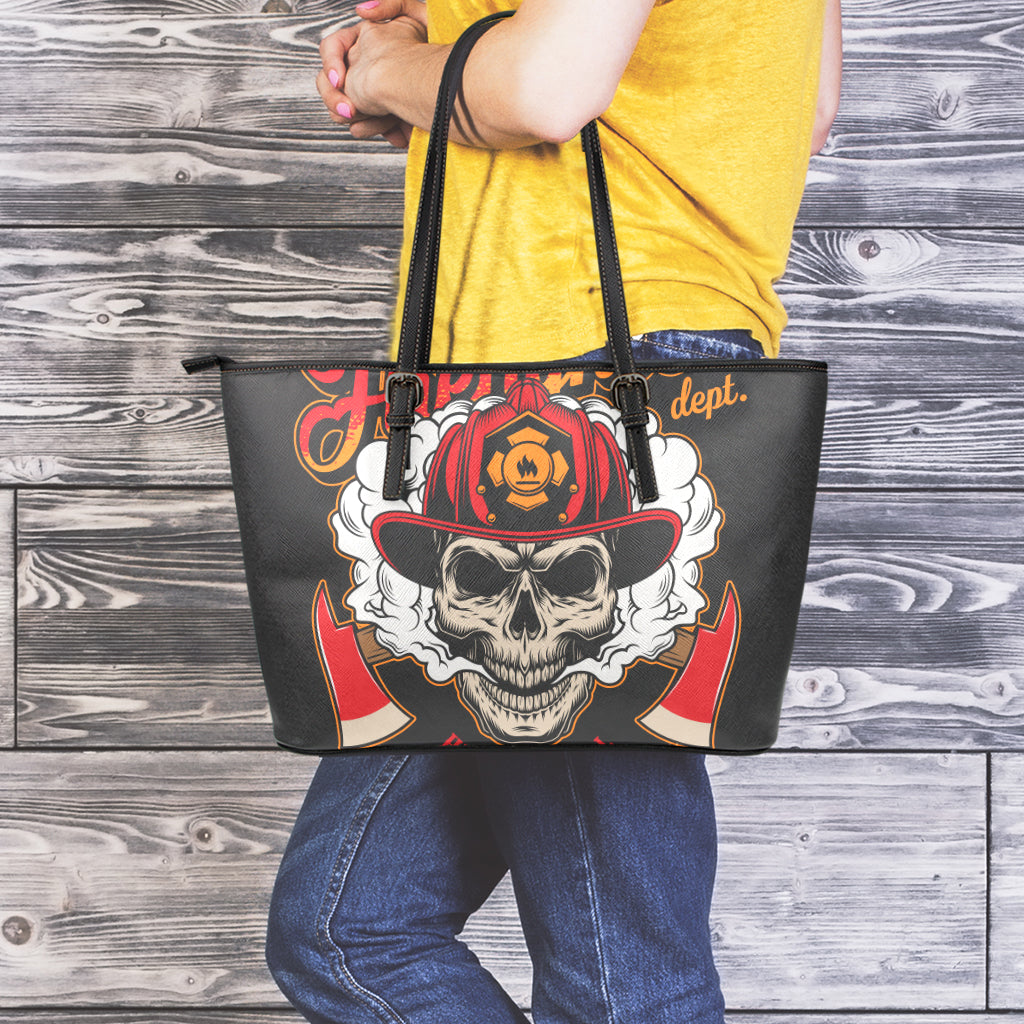 Firefighter Department Skull Print Leather Tote Bag