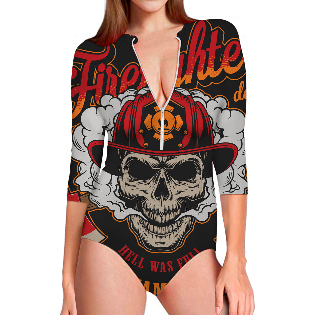 Firefighter Department Skull Print Long Sleeve Swimsuit