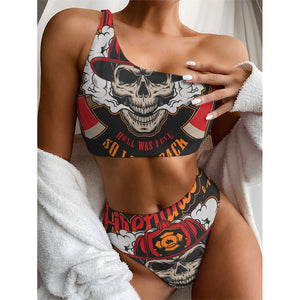 Firefighter Department Skull Print One Shoulder Bikini Top