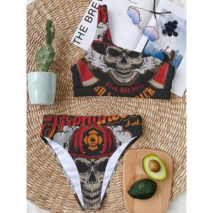 Firefighter Department Skull Print One Shoulder Bikini Top