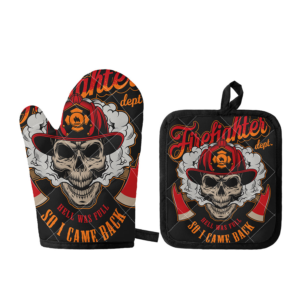 Firefighter Department Skull Print Oven Mitt And Pot Holder Set