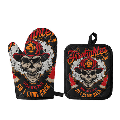 Firefighter Department Skull Print Oven Mitt And Pot Holder Set