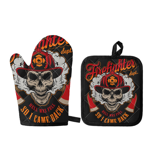 Firefighter Department Skull Print Oven Mitt And Pot Holder Set