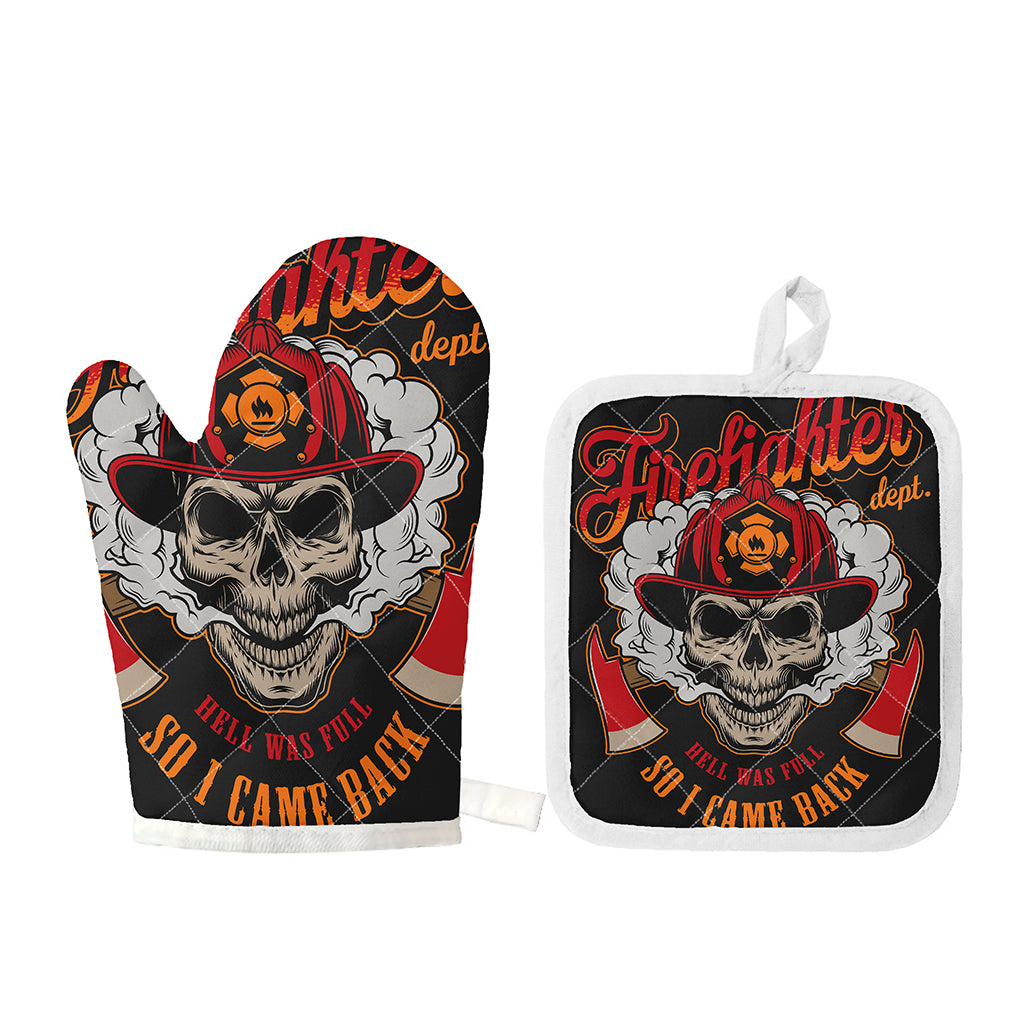 Firefighter Department Skull Print Oven Mitt And Pot Holder Set
