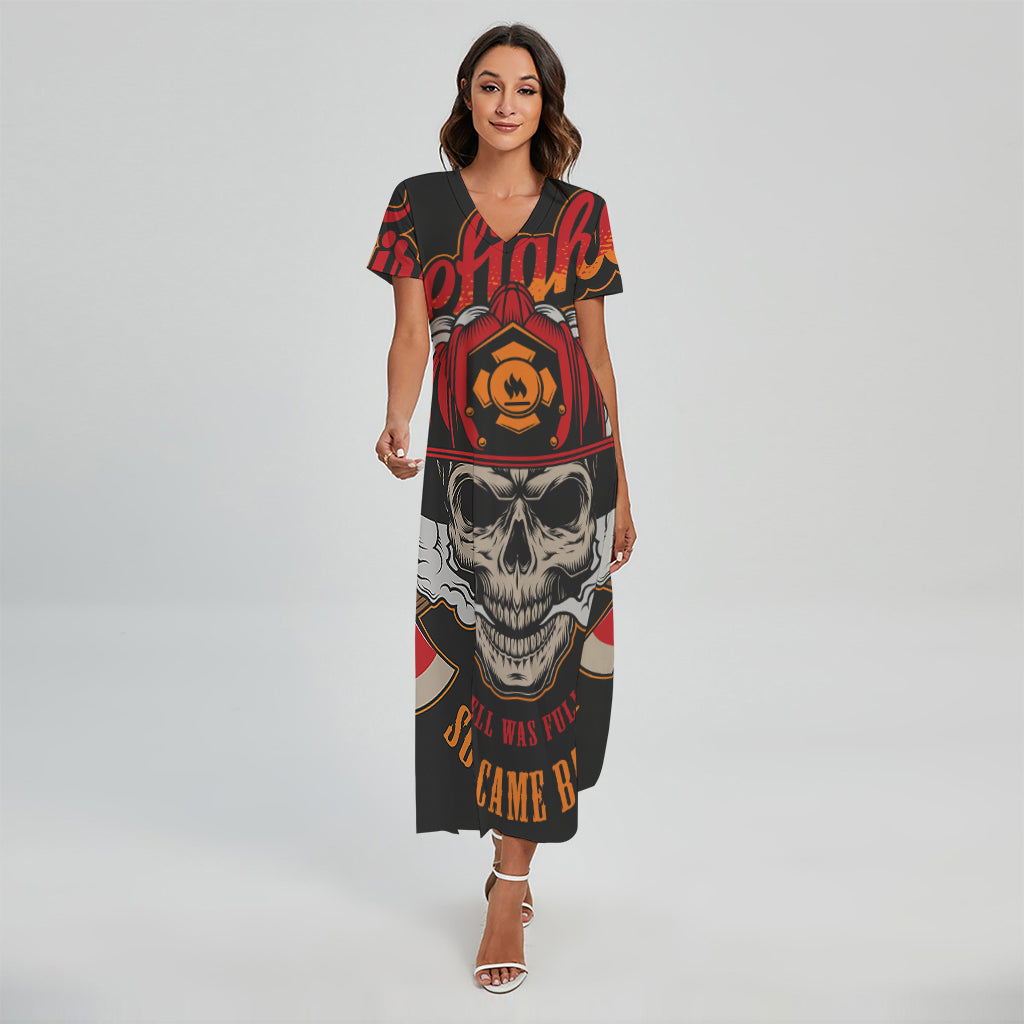 Firefighter Department Skull Print Short Sleeve Maxi Dress