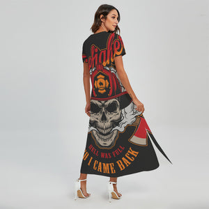 Firefighter Department Skull Print Short Sleeve Maxi Dress