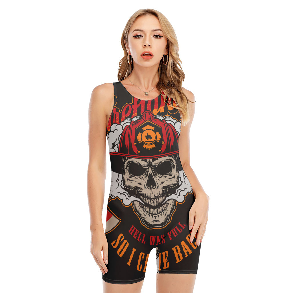 Firefighter Department Skull Print Sleeveless One Piece Swimsuit