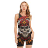 Firefighter Department Skull Print Sleeveless One Piece Swimsuit