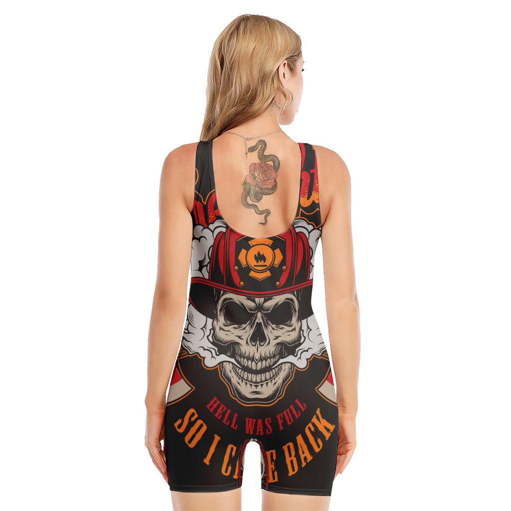 Firefighter Department Skull Print Sleeveless One Piece Swimsuit