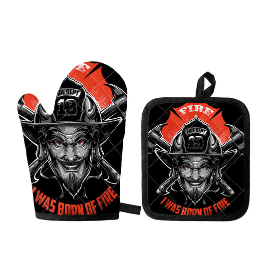 Firefighter Devil Print Oven Mitt And Pot Holder Set