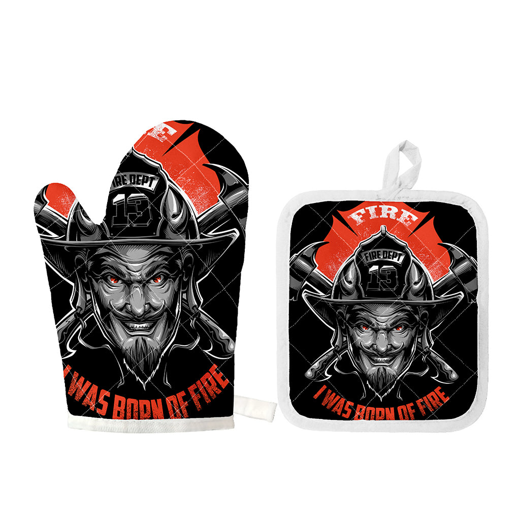 Firefighter Devil Print Oven Mitt And Pot Holder Set