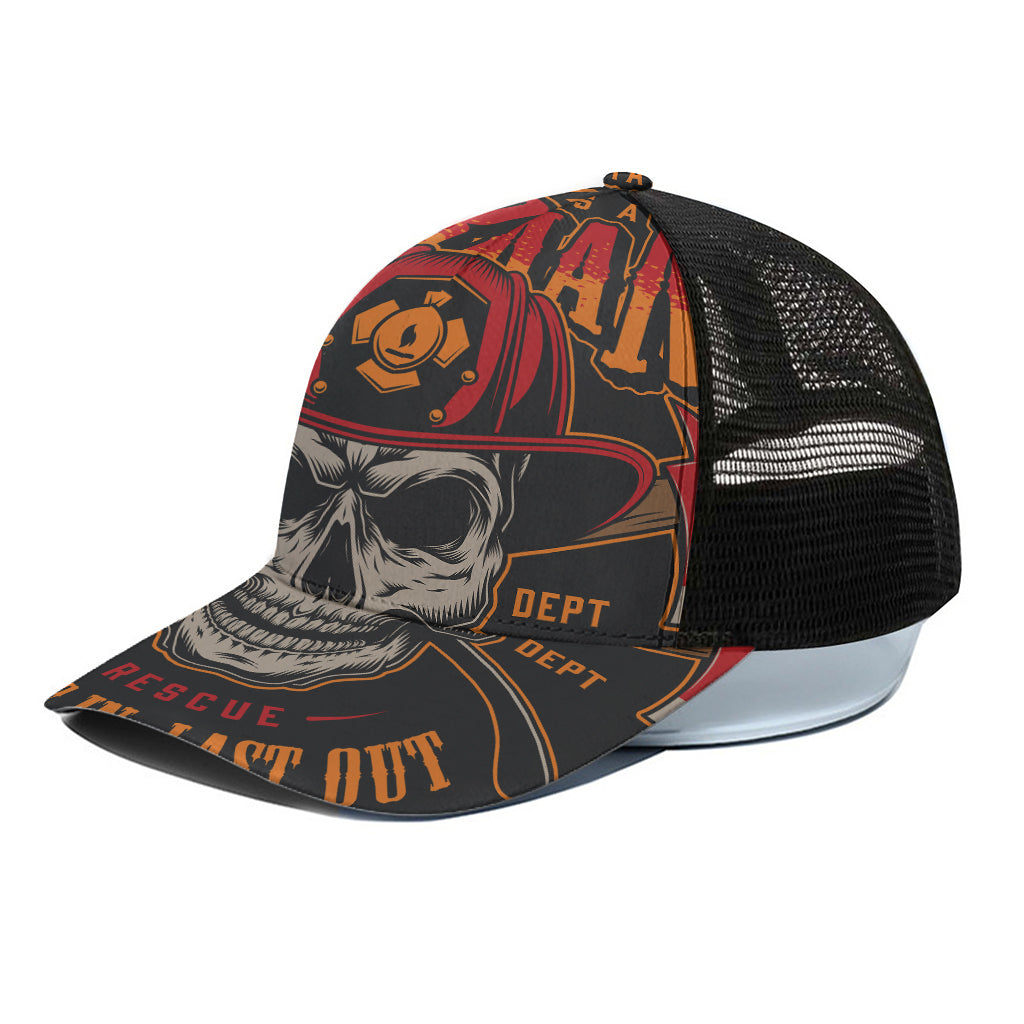 Firefighter First In Last Out Print Black Mesh Trucker Cap