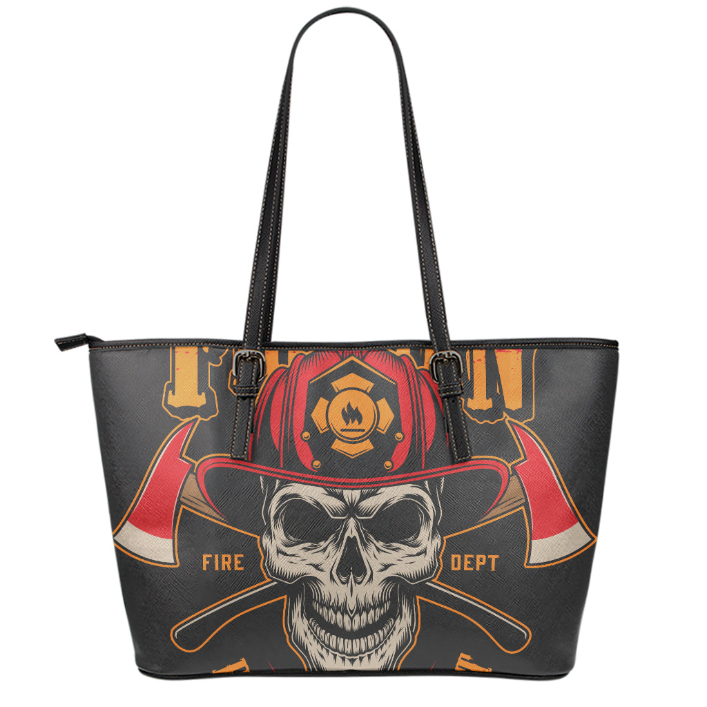Firefighter First In Last Out Print Leather Tote Bag