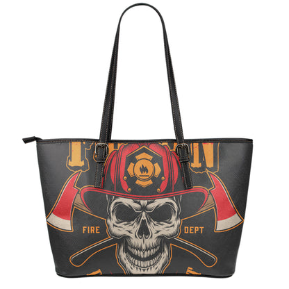 Firefighter First In Last Out Print Leather Tote Bag