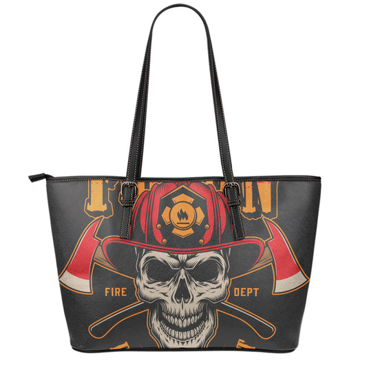 Firefighter First In Last Out Print Leather Tote Bag
