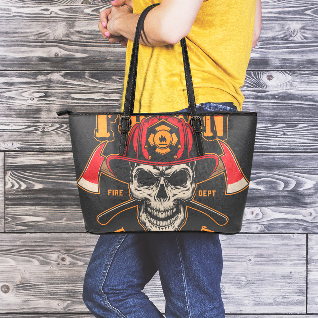 Firefighter First In Last Out Print Leather Tote Bag