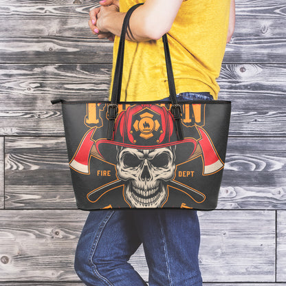 Firefighter First In Last Out Print Leather Tote Bag