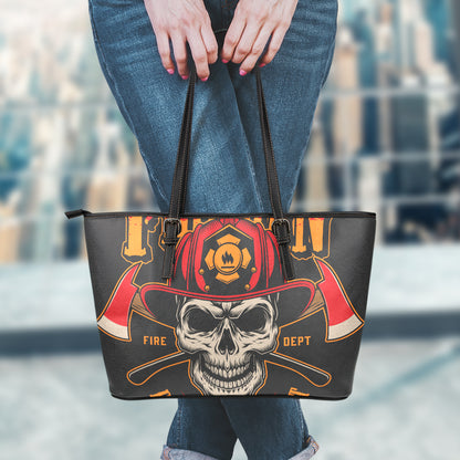 Firefighter First In Last Out Print Leather Tote Bag