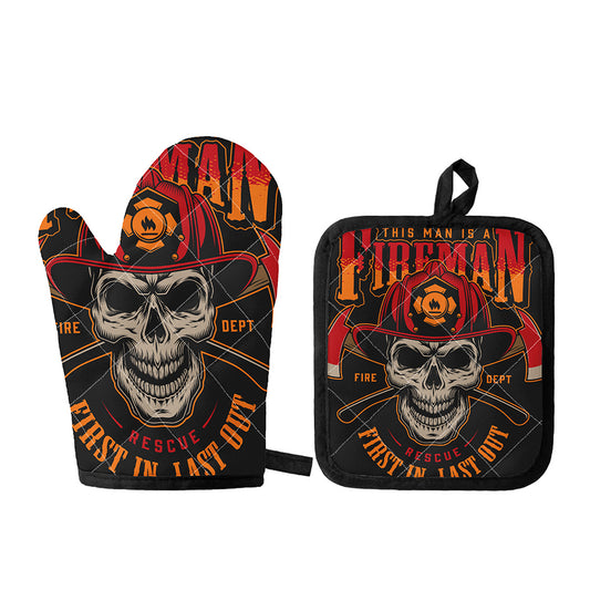 Firefighter First In Last Out Print Oven Mitt And Pot Holder Set