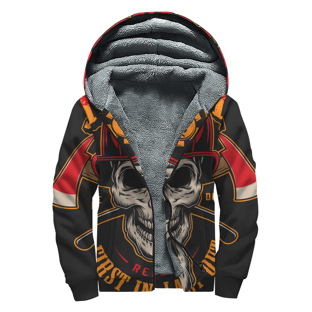 Firefighter First In Last Out Print Sherpa Lined Zip Up Hoodie