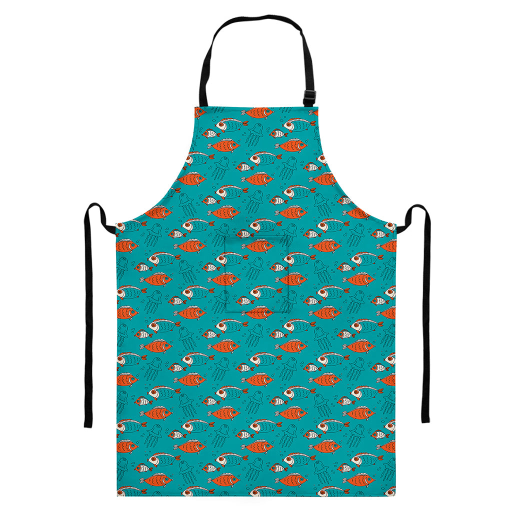 Fish And Jellyfish Pattern Print Bib Apron With Pocket