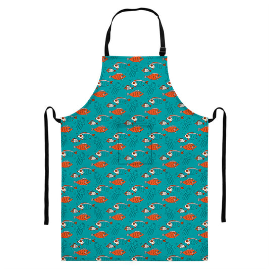 Fish And Jellyfish Pattern Print Bib Apron With Pocket