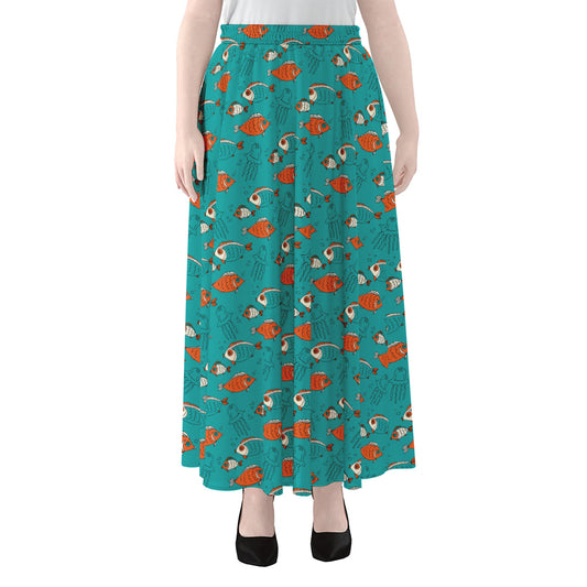 Fish And Jellyfish Pattern Print Chiffon Maxi Skirt