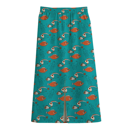 Fish And Jellyfish Pattern Print Cotton Front Slit Maxi Skirt