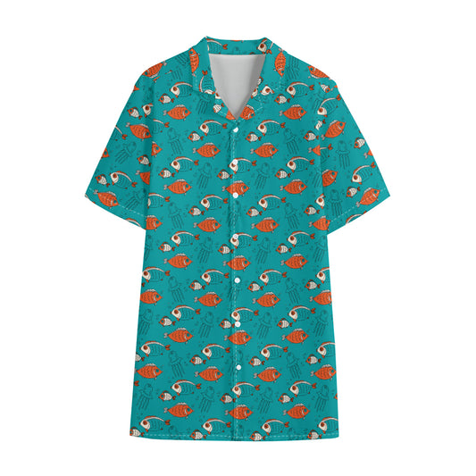Fish And Jellyfish Pattern Print Cotton Hawaiian Shirt