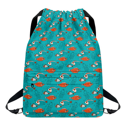 Fish And Jellyfish Pattern Print Drawstring Backpack