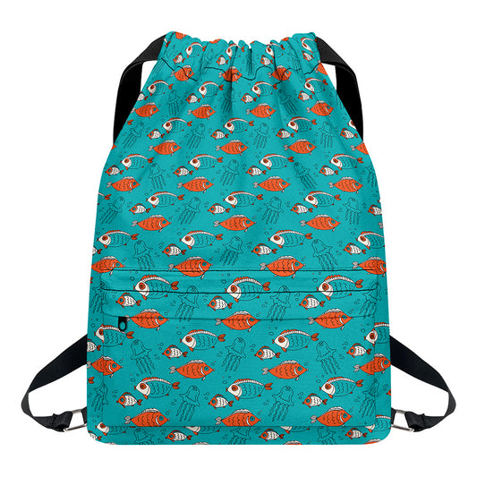 Fish And Jellyfish Pattern Print Drawstring Backpack