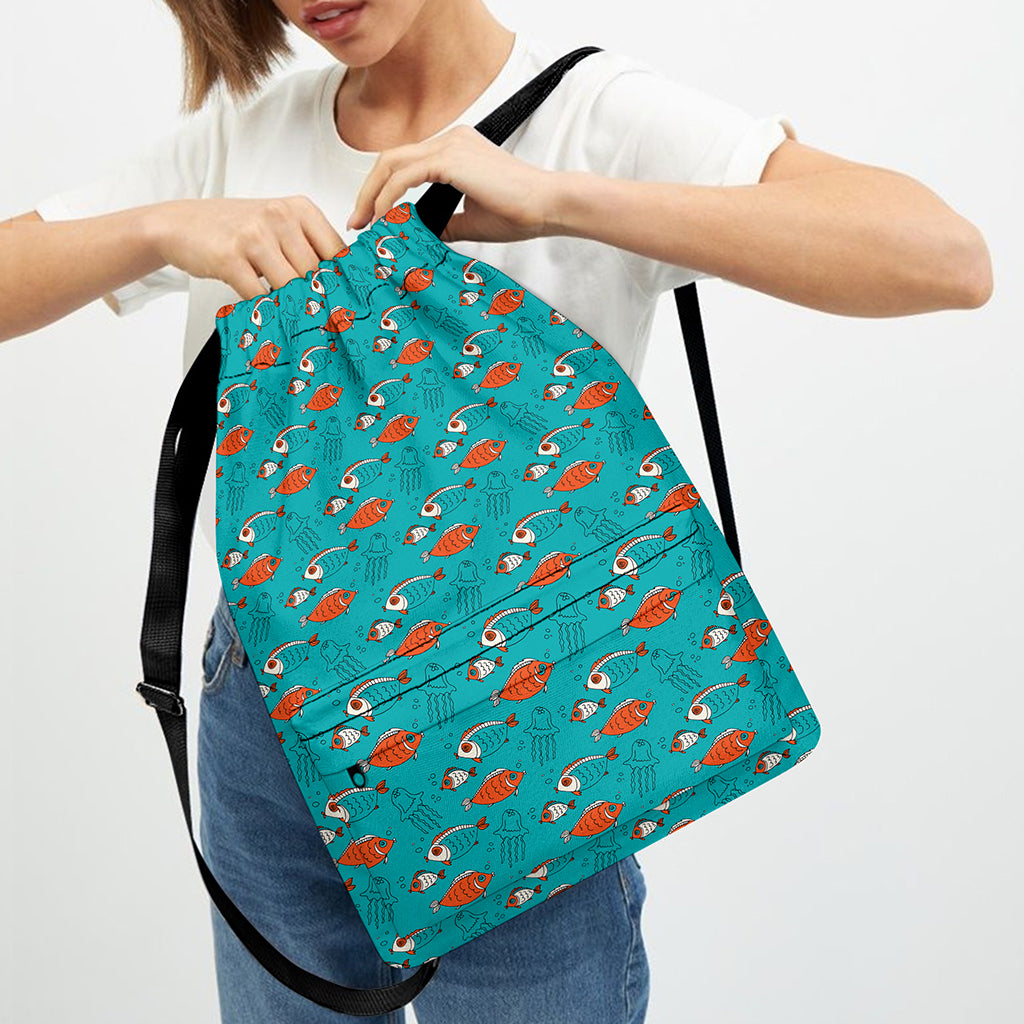Fish And Jellyfish Pattern Print Drawstring Backpack