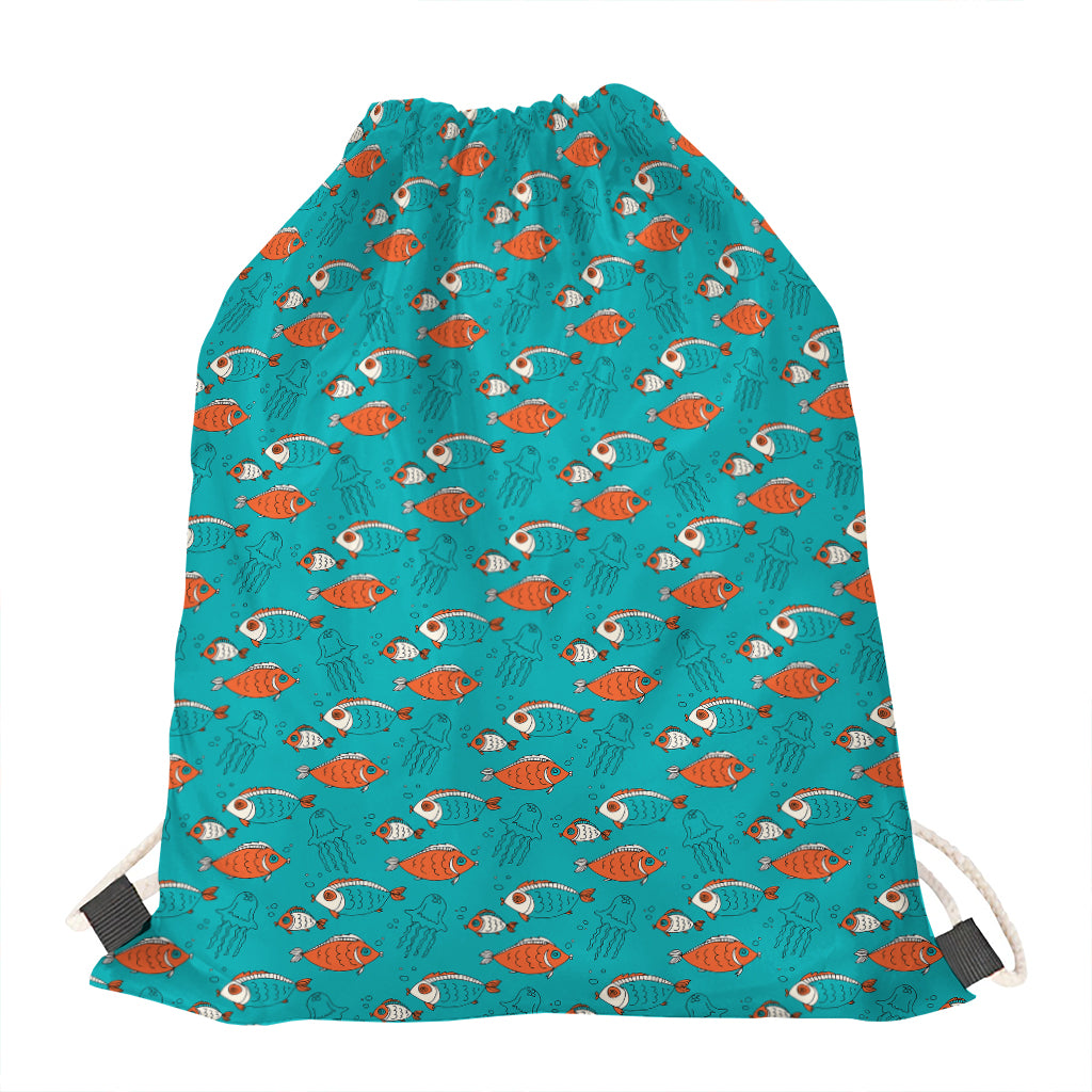 Fish And Jellyfish Pattern Print Drawstring Bag