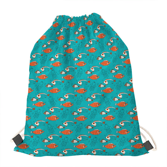 Fish And Jellyfish Pattern Print Drawstring Bag