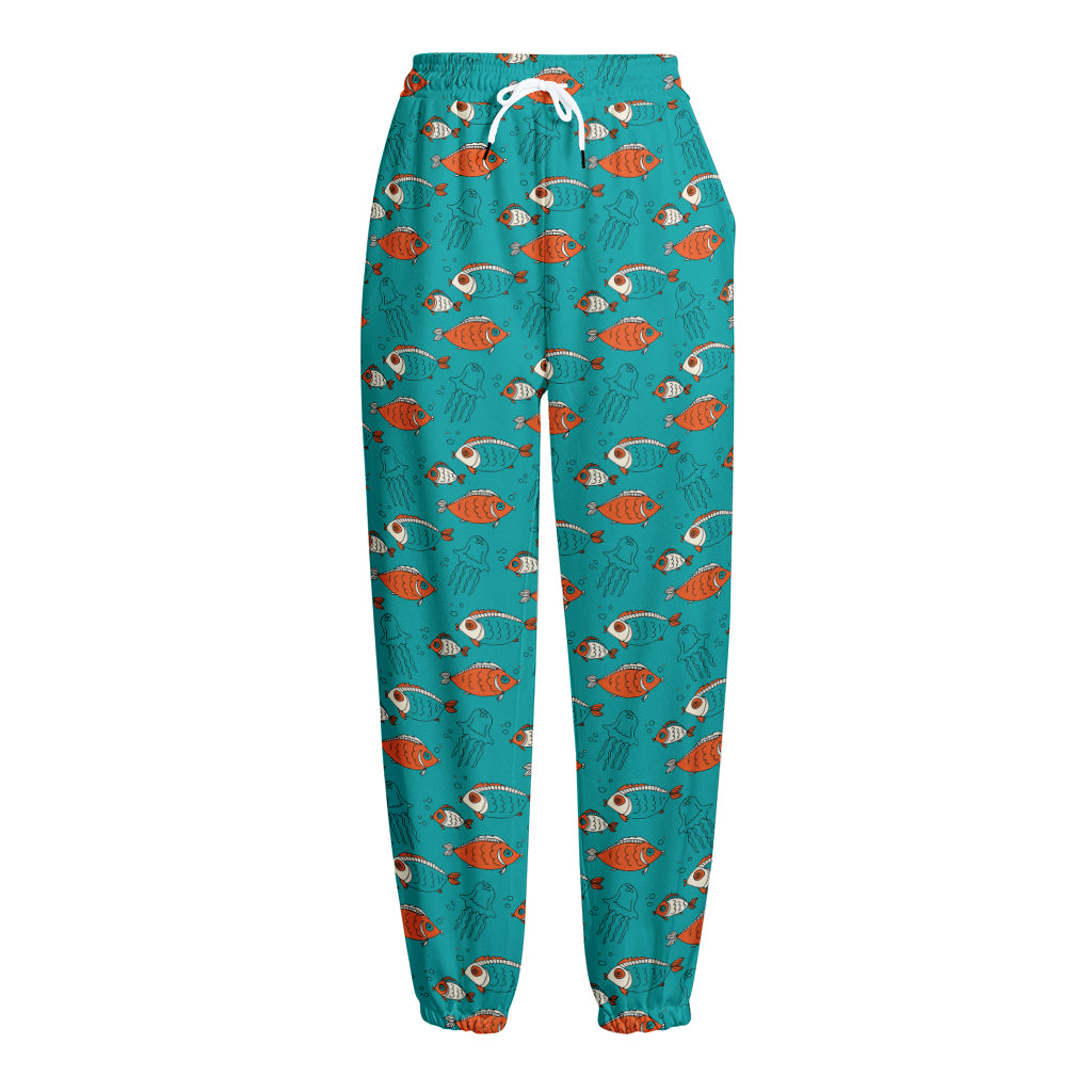 Fish And Jellyfish Pattern Print Fleece Lined Knit Pants